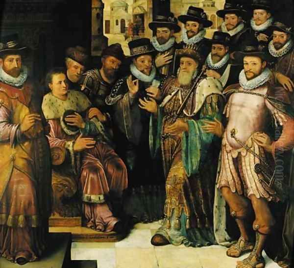 The Judgement of Cambyses an allegorical group portrait, probably of the City Councillors Oil Painting by Antoon Claeissens