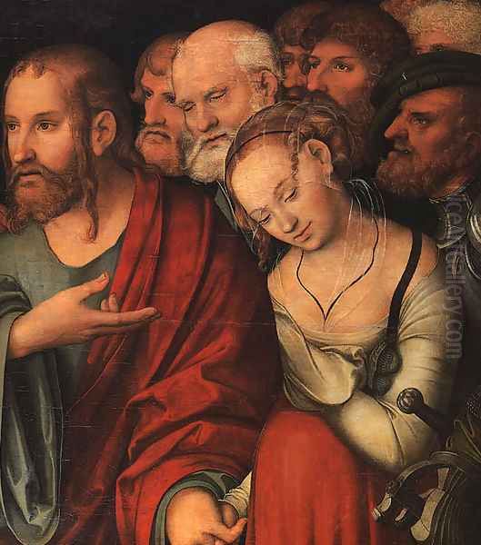 Christ And The Fallen Woman (detail) Oil Painting by Lucas The Younger Cranach