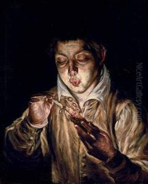 El Soplon (boy Lighting A Candle) Oil Painting by El Greco (Domenikos Theotokopoulos)