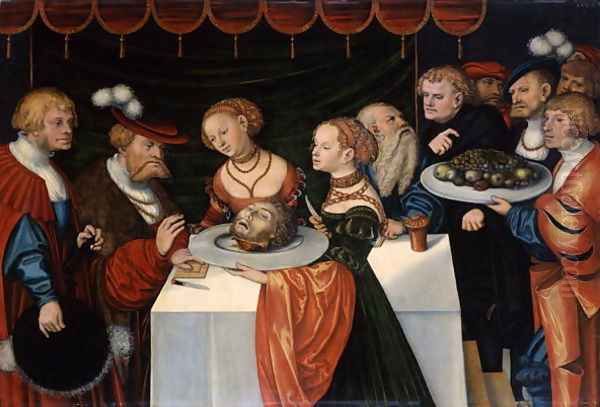 Salome presents the head of John the Baptist at Herod's Feast, 1537 Oil Painting by Lucas The Younger Cranach