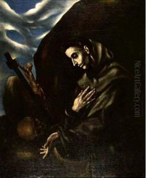 Saint Francis Standing In Meditation Oil Painting by El Greco (Domenikos Theotokopoulos)