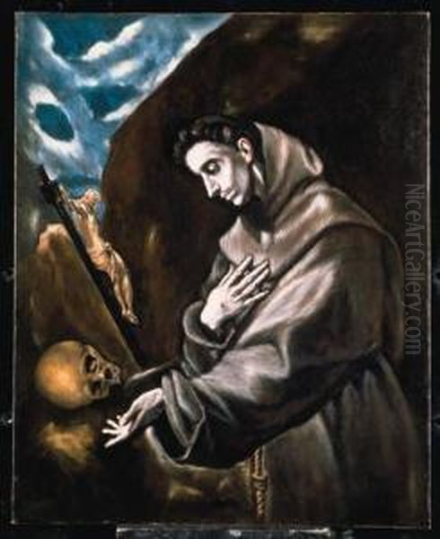 Saint Francis Standing In Meditation Oil Painting by El Greco (Domenikos Theotokopoulos)