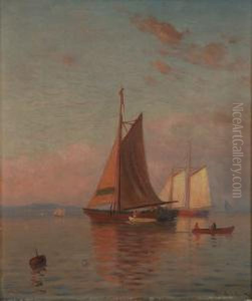 Sunset Coastal Scene With Ships Oil Painting by Lemuel D. Eldred