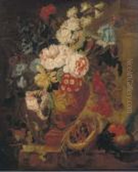 Flowers In A Terracotta Vase 
Decorated With Putti, With Fruits, Butterflies, A Bluebottle, A Snail, A
 Spider And Four Chicks In A Nest On A Ledge Oil Painting by Jan Frans Eliaerts