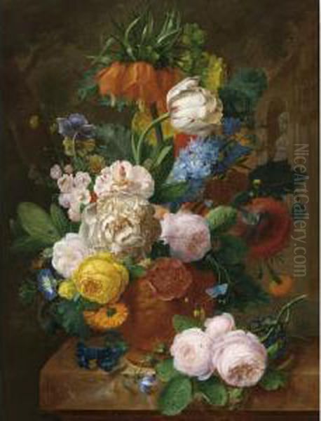 A Flower Still Life In A Terra Cotta Vase Oil Painting by Jan Frans Eliaerts