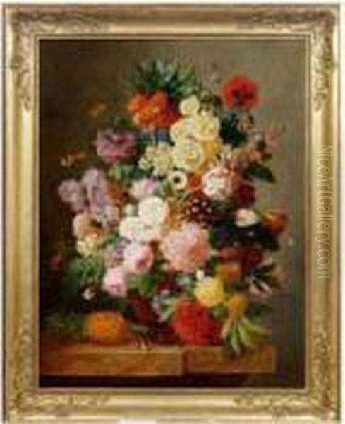 Bouquet De Fleurs Et Ananas Sur Un Entablement Oil Painting by Jan Frans Eliaerts