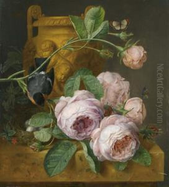 Floral Still Life With Bird's Nest. Oil Painting by Jan Frans Eliaerts