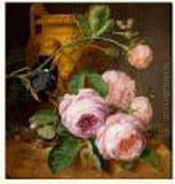 Nature Morte Au Nid, Aux Roses Et A L'oiseau Sur Fond De Vase A L'antique Oil Painting by Jan Frans Eliaerts