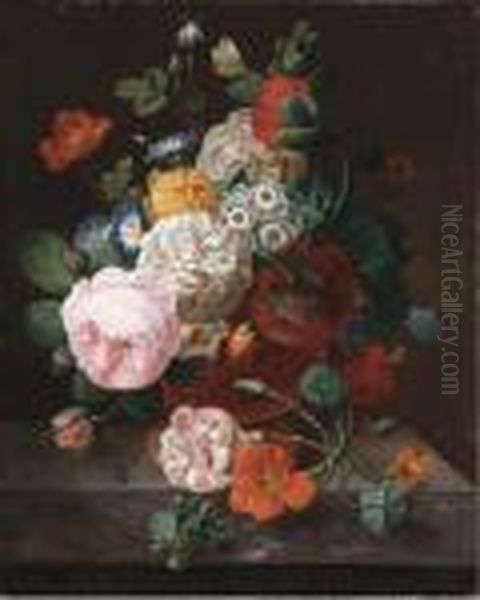 Roses, Peonies, Morning Glories And Other Flowers Oil Painting by Jan Frans Eliaerts