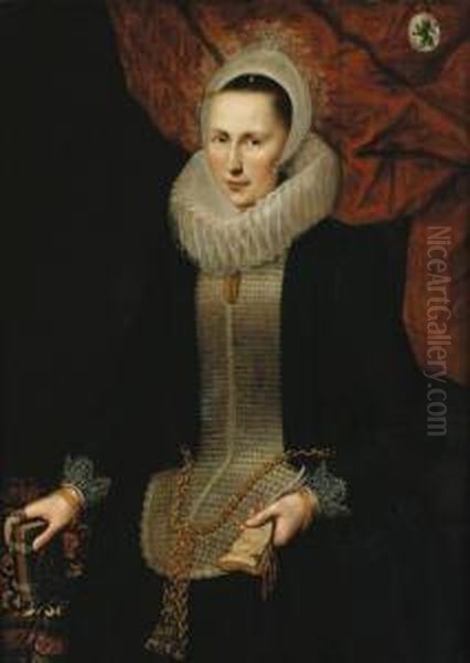 Portrait Of A Lady, 
Three-quarter-length, In A Black Dress With Anembroidered Stomacher And A
 Ruff, Holding A Book And A Glove At Atable Oil Painting by Nicolaes (Pickenoy) Eliasz