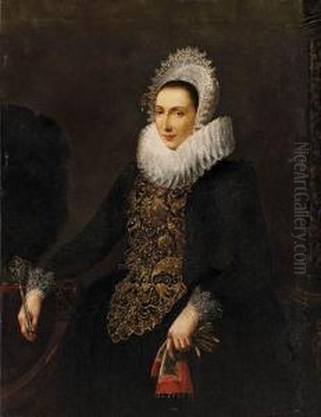 Portrait Of A Lady, Standing 
Three-quarter Length, Beside A Table,wearing A Gold-embroidered Dress 
With A Wheel-ruff Collar Andholding An Ostrich Feather Fan And A Pair Of
 Gloves Oil Painting by Nicolaes (Pickenoy) Eliasz