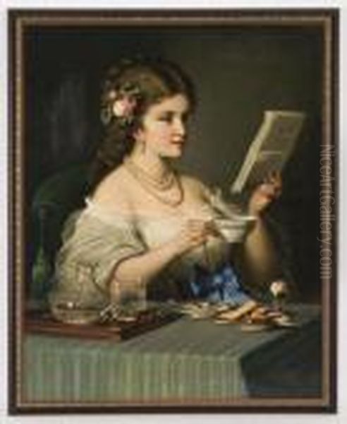 A Woman Drinking Tea And Reading Oil Painting by Waleri Eliasz-Radzikowski