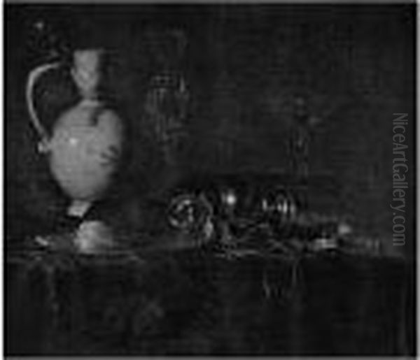 A Wan-li Kraak Porcelain Jug, A 
Facon De Venise, A Wine Glass, An Overturned Pewter Tankard And Fruit On
 A Pewter Plate, All On A Draped Table Oil Painting by Ottmar The Elder Elliger