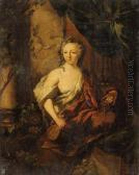 A Woman, En Deshabill, Holding A
 Carafe And A Goblet, Sitting On Apartially Draped Balcony Oil Painting by Ottmar, the Younger Elliger