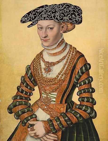 Portrait of a lady, three-quarter-length, in a green velvet and orange dress and a pearl-embroidered black hat Oil Painting by Lucas The Younger Cranach