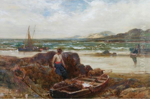 Beach Scene With Fisher Folk And Beached Fishing Boats Oil Painting by Edwin Ellis