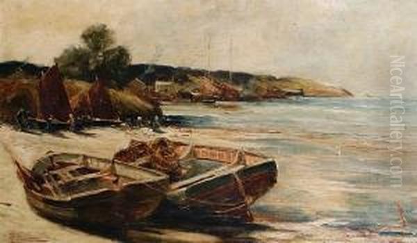 Fishing Boats On The Shore Oil Painting by Edwin Ellis