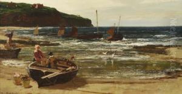 Unloading The Catch In A Quiet Yorkshire Bay Oil Painting by Edwin Ellis