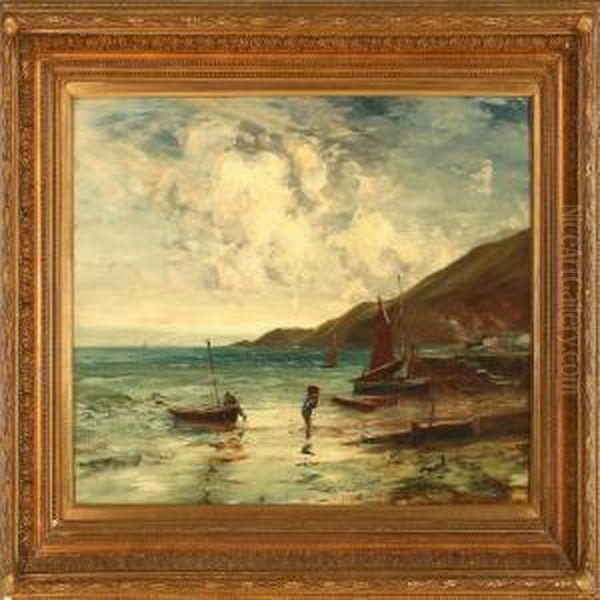 Fishermen On The Beach Oil Painting by Edwin Ellis