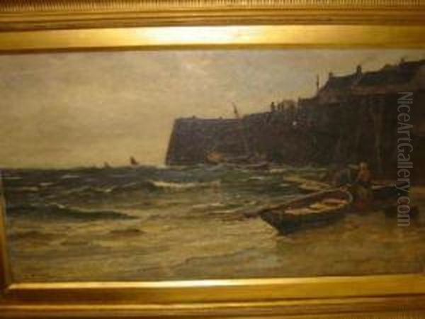 Harbour Scene With Fisherfolk And Beached Boats In The Foreground Oil Painting by Edwin Ellis