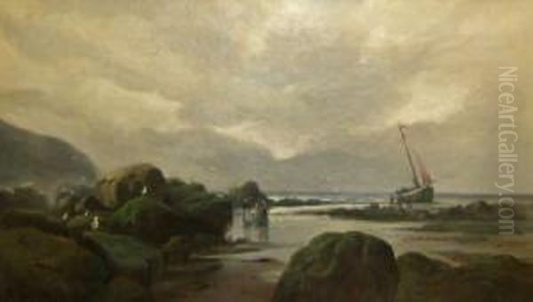 Rocky Coastal View With Fisherfolk On A Beach With Their Boat Oil Painting by Edwin Ellis