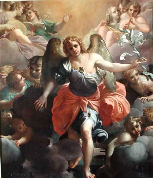 Angel Gabriel in Glory with Angel Musicians and Cherubs Oil Painting by Agostino Carracci