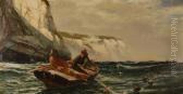 Fishermen Ina Rowing Boat Passing The Cliffs Oil Painting by Edwin Ellis