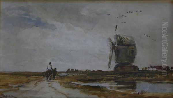 Figures On A Horse Near A Windmill Oil Painting by Edwin Ellis