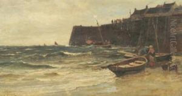 Harbour Scene With Fisherfolk Oil Painting by Edwin Ellis