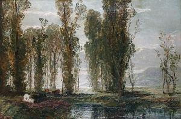 Landscape With Cattle By A Stream Beforepoplar Trees Oil Painting by Edwin Ellis