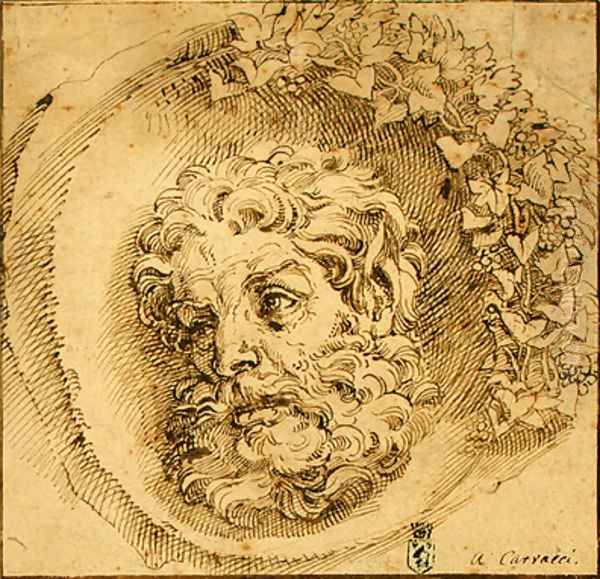 Head of a Faun in a Concave (roundel) c. 1595 Oil Painting by Agostino Carracci