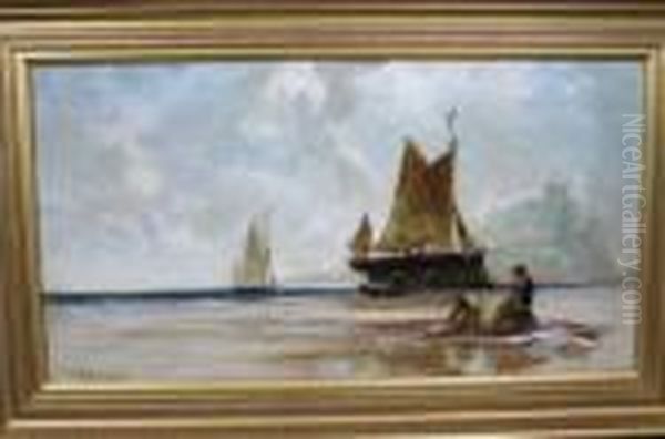 Low Tide, With Fishing Boats And Figures, Castle Beyond Oil Painting by Edwin Ellis