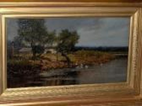 A River Landscape With Ducks Oil Painting by Edwin Ellis