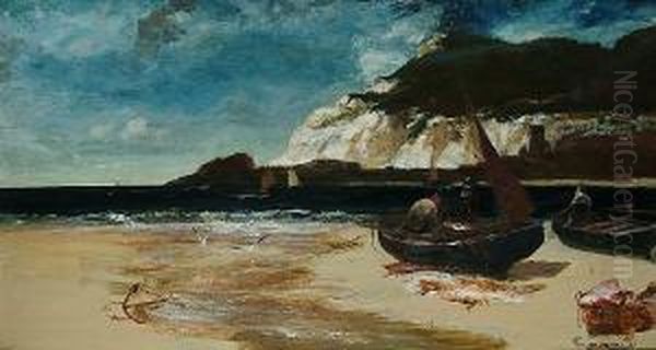 Fishermen On A Beach Oil Painting by Edwin Ellis