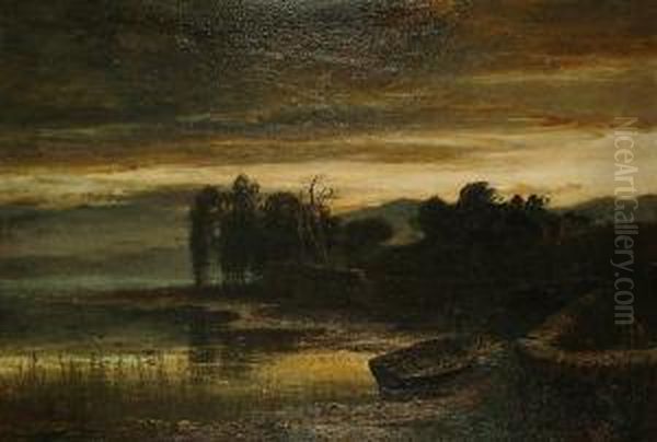 Extensive Landscape At Dusk, A Church Beyond Oil Painting by Edwin Ellis