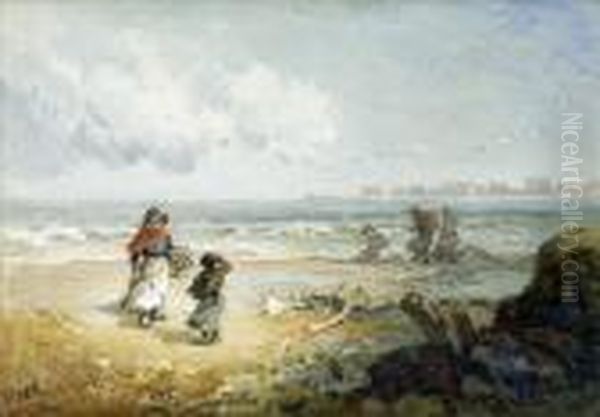 Homeward Bound, Figures On A 
Lane By A Cottage In A Wooded Summerlandscape; A Blustery Day, Cockle 
Gatherers On A Windswept Beach Oil Painting by Paul H. Ellis