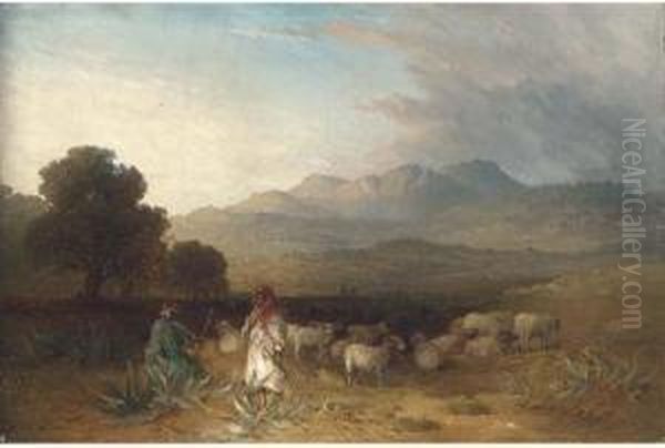 Arab Figures With A Flock Of Sheep In A Landscape Oil Painting by Paul H. Ellis