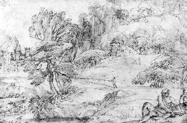 An extensive mountainous Landscape with two Figures in the Foreground and a Castle by a River Oil Painting by Agostino Carracci