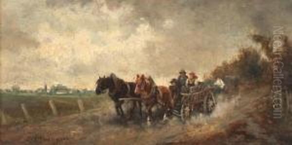 Bauer Mit Seinem Pferdefuhrwerk In Rasanter Fahrt Oil Painting by Ignaz Ellminger