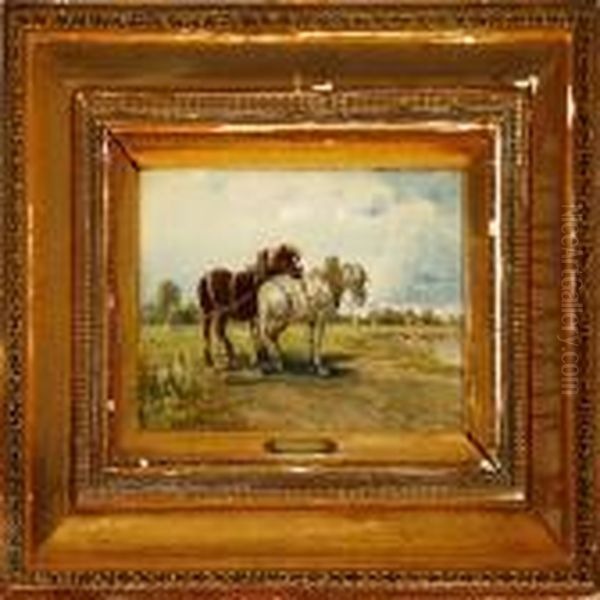 Two Horses On A Field Oil Painting by Ignaz Ellminger