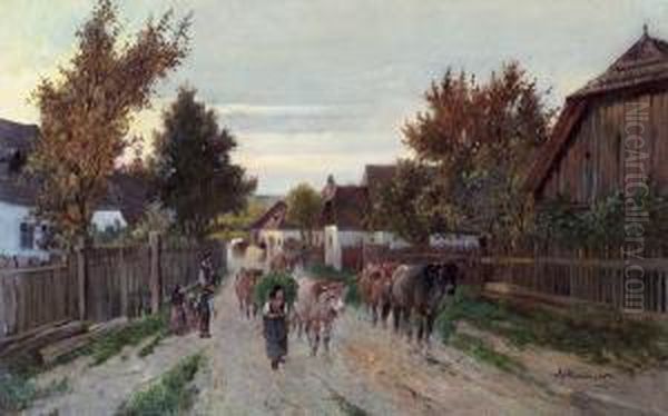 Dorfstrase Oil Painting by Ignaz Ellminger