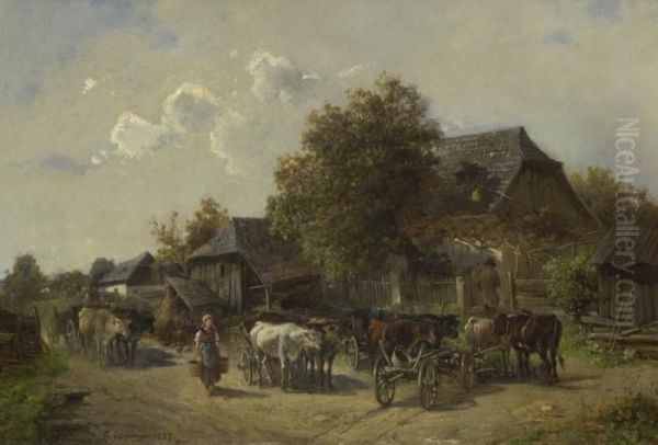 Auf Der Dorfstrase. Oil Painting by Ignaz Ellminger