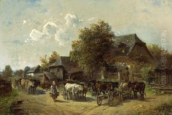 Oxen Carts In Front Of A Farm Oil Painting by Ignaz Ellminger