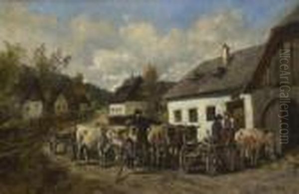 Begegnung Auf Der
 Dorfstrase. Oil Painting by Ignaz Ellminger