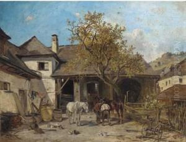 Shoeing The Horses Oil Painting by Ignaz Ellminger