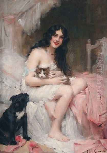 Beauty In Bed With Kitten And Black Dog Oil Painting by Leon Francois Comerre