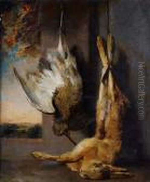 A Dead Hare And Pheasant Hanging Before Astone Ledge, A Landscape Beyond Oil Painting by Stephen Elmer