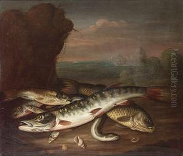 A Pike, An Eel And Other Fish With Shells In A Landscape, A Bay Beyond Oil Painting by Stephen Elmer