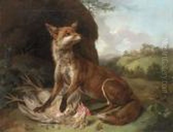 A Fox With A Dead Cockerel In A Landscape Oil Painting by Stephen Elmer