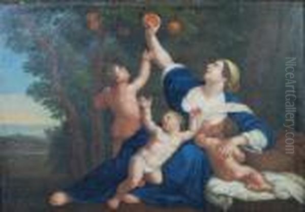 Allegorical Scene Of A Woman With Three Children Beneath A Pomegranate Tree Oil Painting by Adam Elsheimer